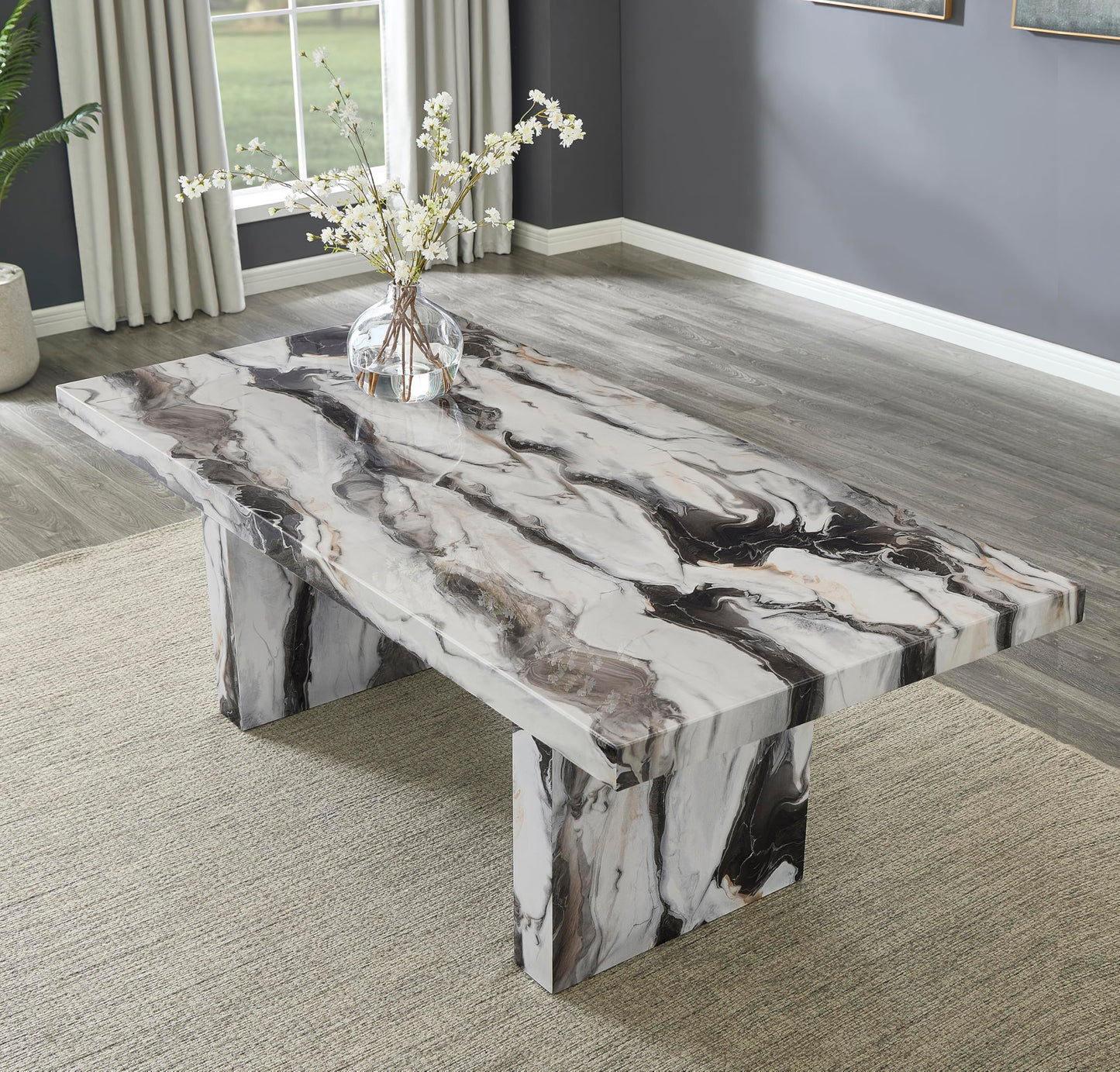 Roundhill Furniture Cavira Modern Faux Marble Dining Table with 4 Chairs and Bench